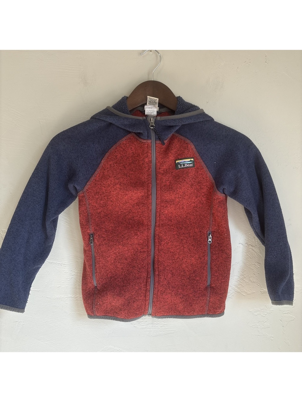 LL Bean Sweater Fleece Jacket Kids L 6X 7 Red Navy Blue Hooded Full Zip Jacket